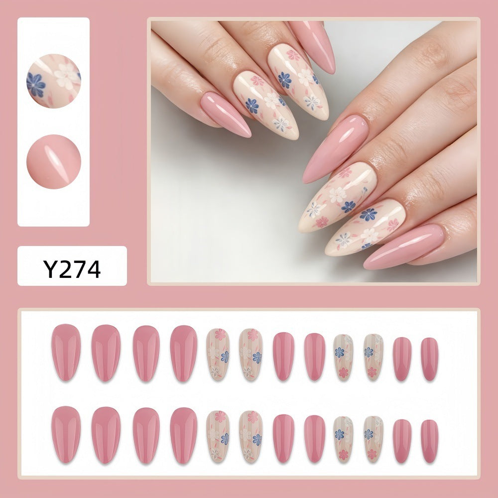 Stylish almond-shaped artificial nails with floral patterns Acalora