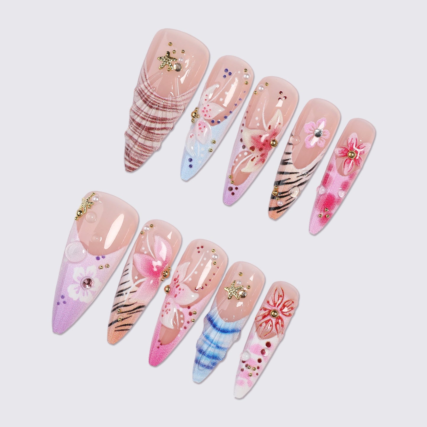 Artistic Press-On Nail Set with Floral and Gemstone Accents Acalora