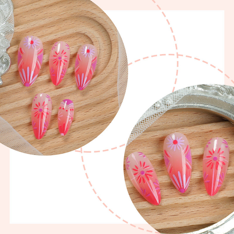 Artistic Press-On Nail Set with Floral and Geometric Patterns Acalora