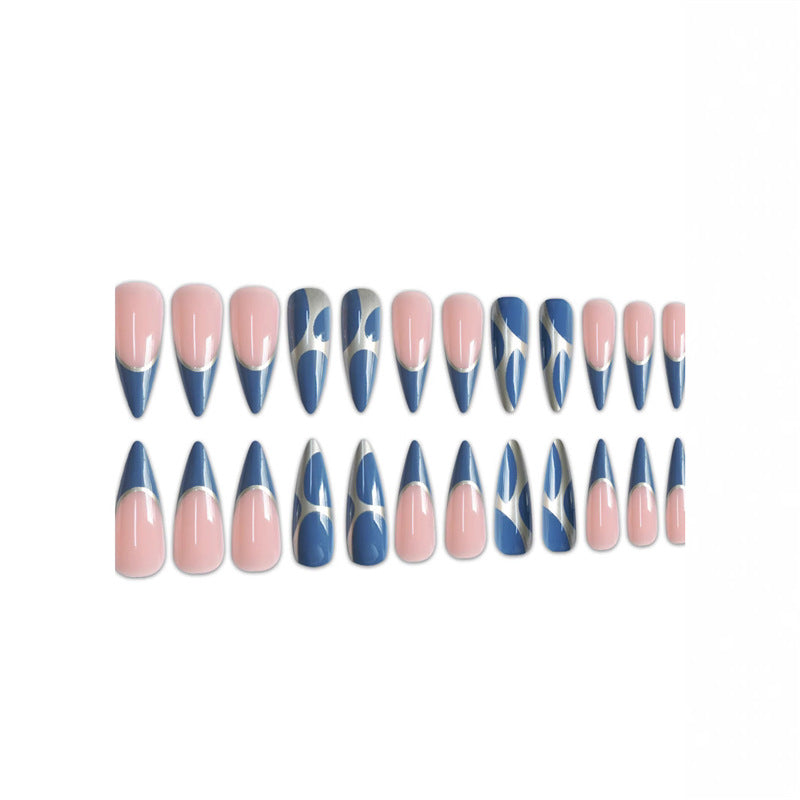 Artistic Stiletto Press-On Nail Design with Metallic Trim Acalora