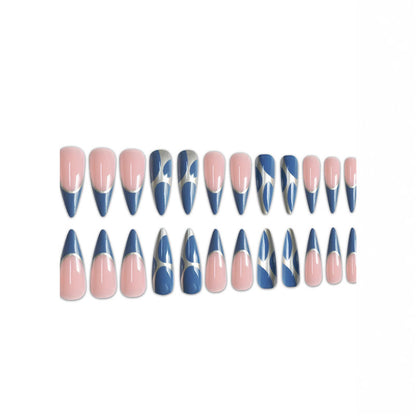 Artistic Stiletto Press-On Nail Design with Metallic Trim Acalora