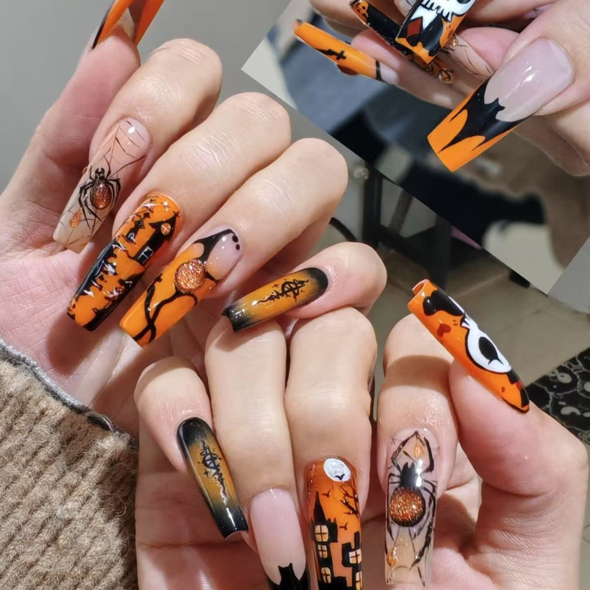 Artificial nail set with Halloween motifs and creative glitter Acalora