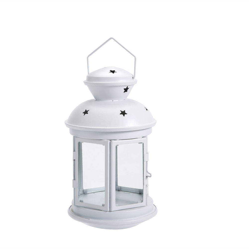 Vintage-Inspired Cylindrical Metal Tea Light Lantern with Star Vent Cutouts and Hinged Glass Door Acalora