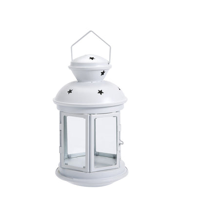 Vintage-Inspired Cylindrical Metal Tea Light Lantern with Star Vent Cutouts and Hinged Glass Door Acalora