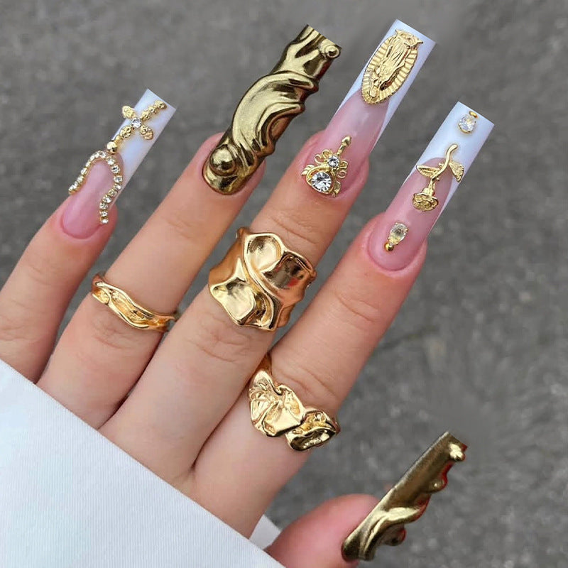 Decorative Press-On Nail Set with Stylish Gold Accents Acalora