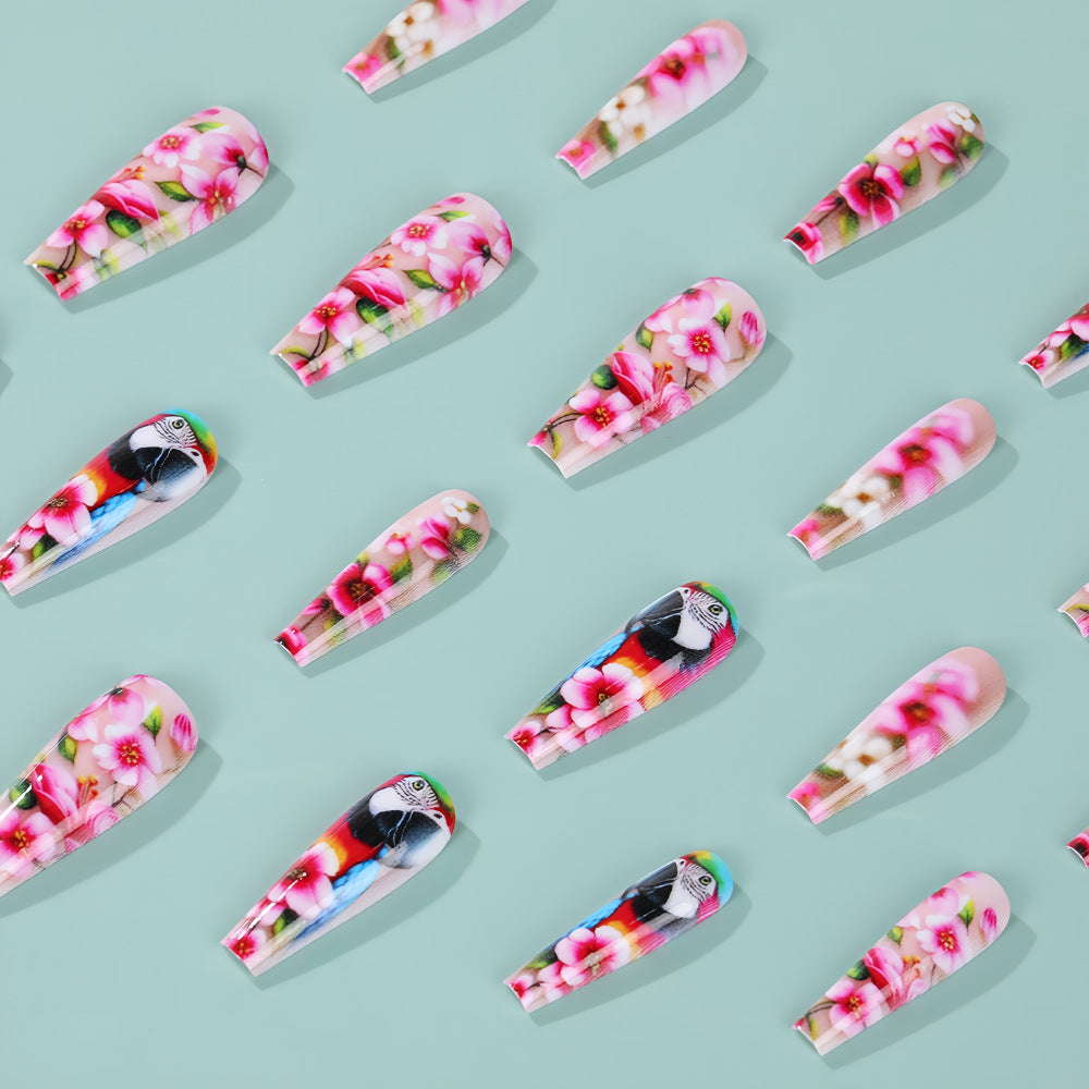 Exquisite Artificial Nails with Colorful Flower and Parrot Design Acalora