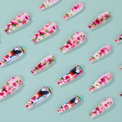 Exquisite Artificial Nails with Colorful Flower and Parrot Design Acalora