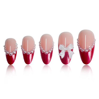 Decorative Stiletto Press-On Nails with Pearls and Bow Accents Acalora