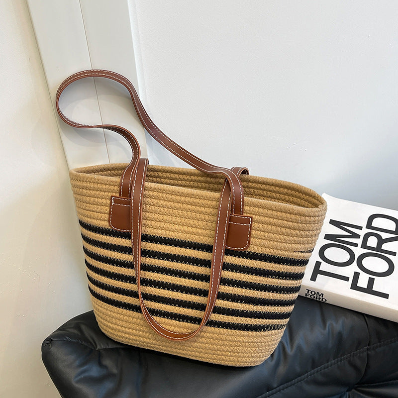 Striped Woven Beach Tote Bag Acalora