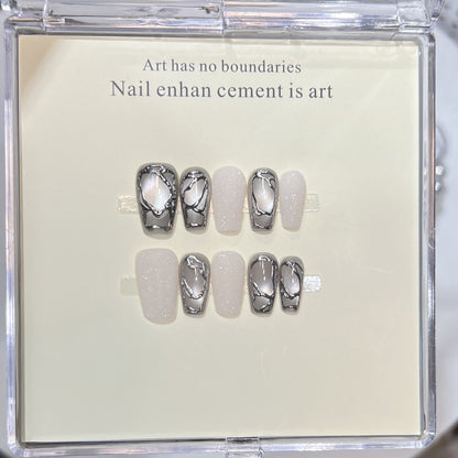 Elegant Acrylic Press-On Nail Art Set with Metallic Design Elements Acalora