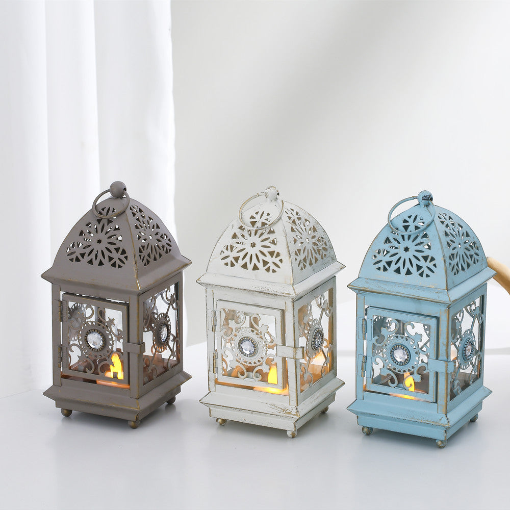 Antique-Style Decorative Metal Glass Candle Lantern with Filigree Cutouts and Hanging Ring Acalora