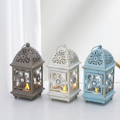 Antique-Style Decorative Metal Glass Candle Lantern with Filigree Cutouts and Hanging Ring Acalora