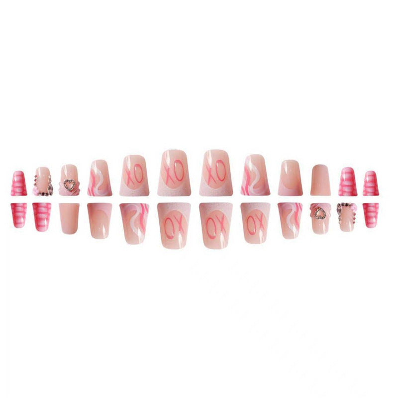 Decorative Press-On Nail Design with Heart and Gem Accents Acalora
