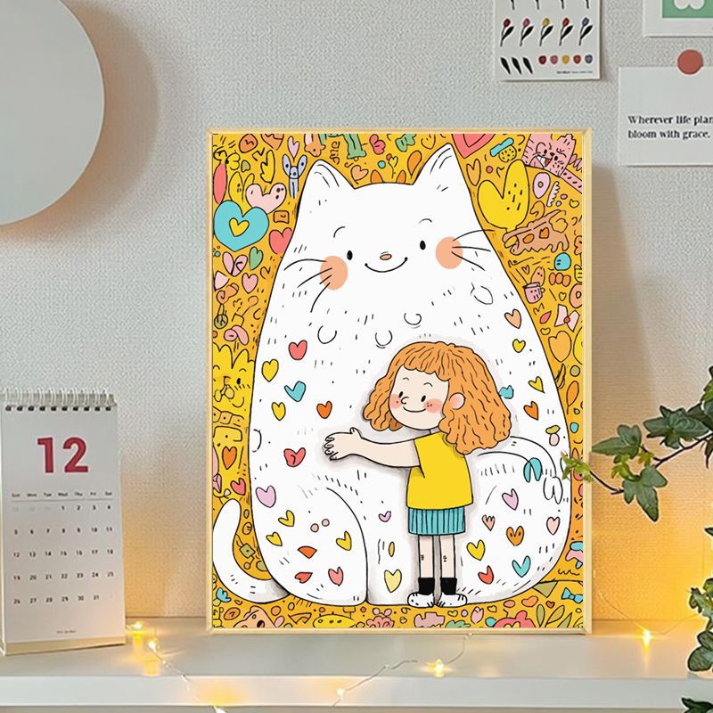 Playful Cat and Girl Illustration Canvas Art