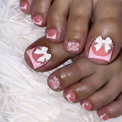 Artistic Press-On Nail Set with Decorative Bow and Gem Accents Acalora