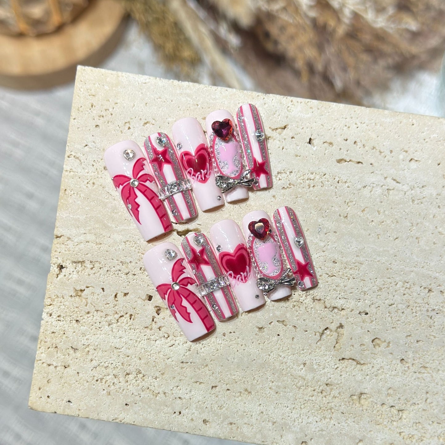 Artistic Press-On Nail Set with Playful Heart and Palm Designs Acalora