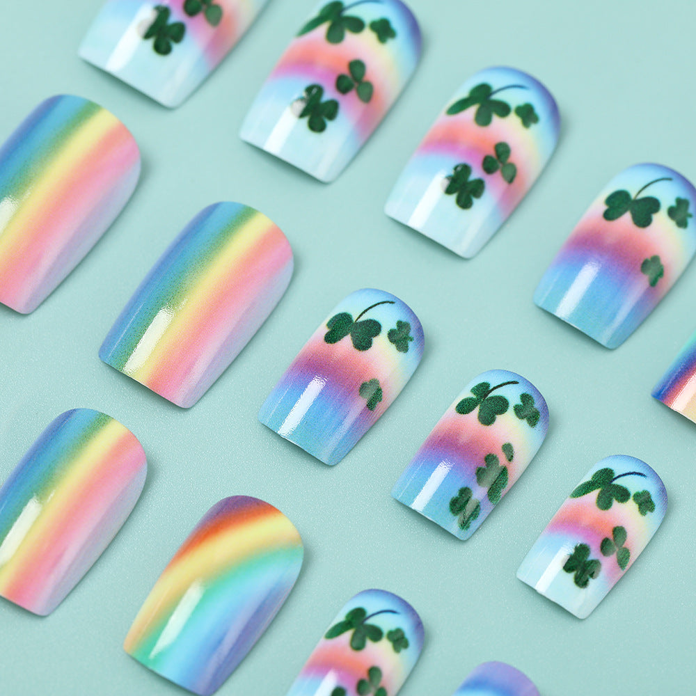 Artificial nails with colorful rainbow and clover leaf designs Acalora