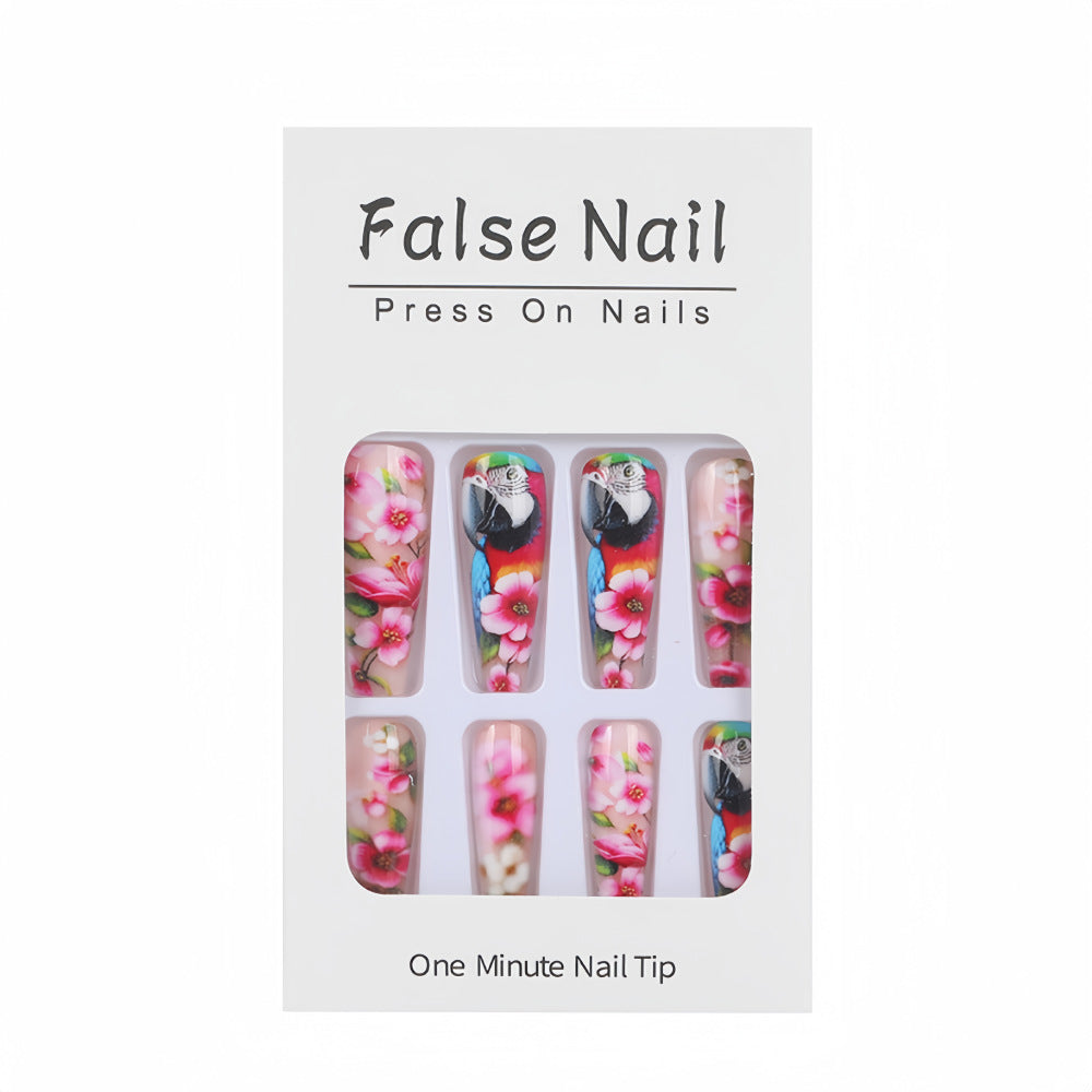 Exquisite Artificial Nails with Colorful Flower and Parrot Design Acalora