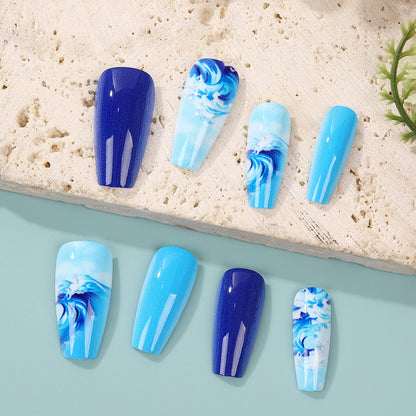 Artificial Nail Set with Maritime Wave Designs Acalora