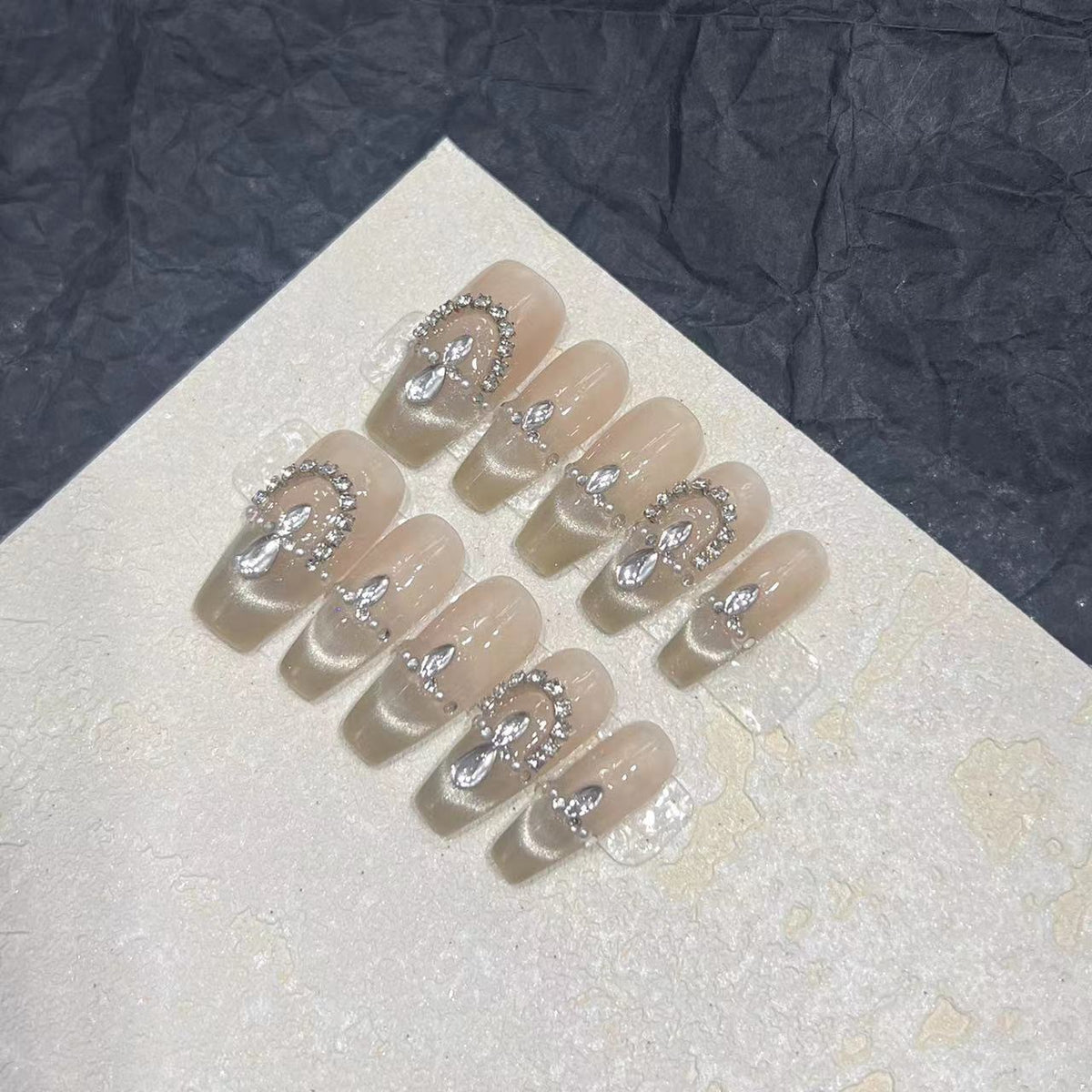 Elegant Press-On Nail Set with Rhinestone Detailing Acalora