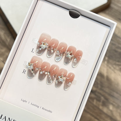 Elegant Press-On Almond Nails with Floral Accents Acalora