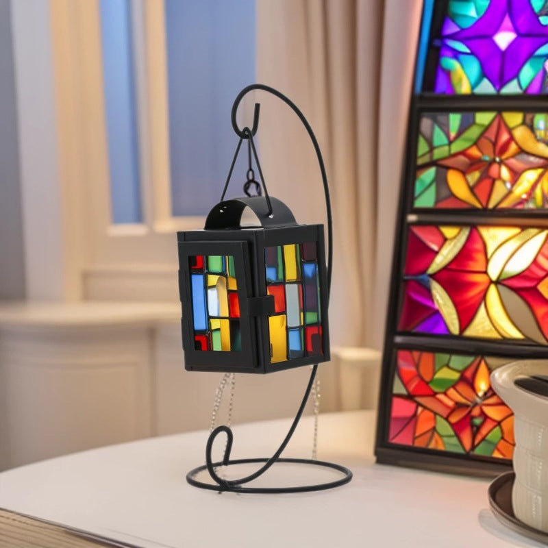 Stained Glass Mosaic Hanging Tealight Lantern with Metal Frame Acalora