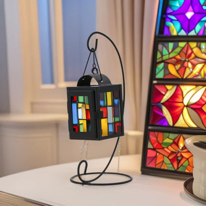 Stained Glass Mosaic Hanging Tealight Lantern with Metal Frame Acalora