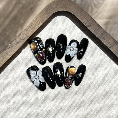 Decorative Press-On Nail Art Set with Floral and Crystal Accents Acalora