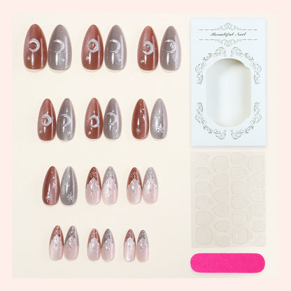Decorative Press-On Nail Set with Unique Celestial Designs Acalora