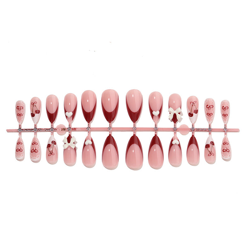 Decorative Press-On Nail Art Set with 3D Bow and Cherry Designs Acalora