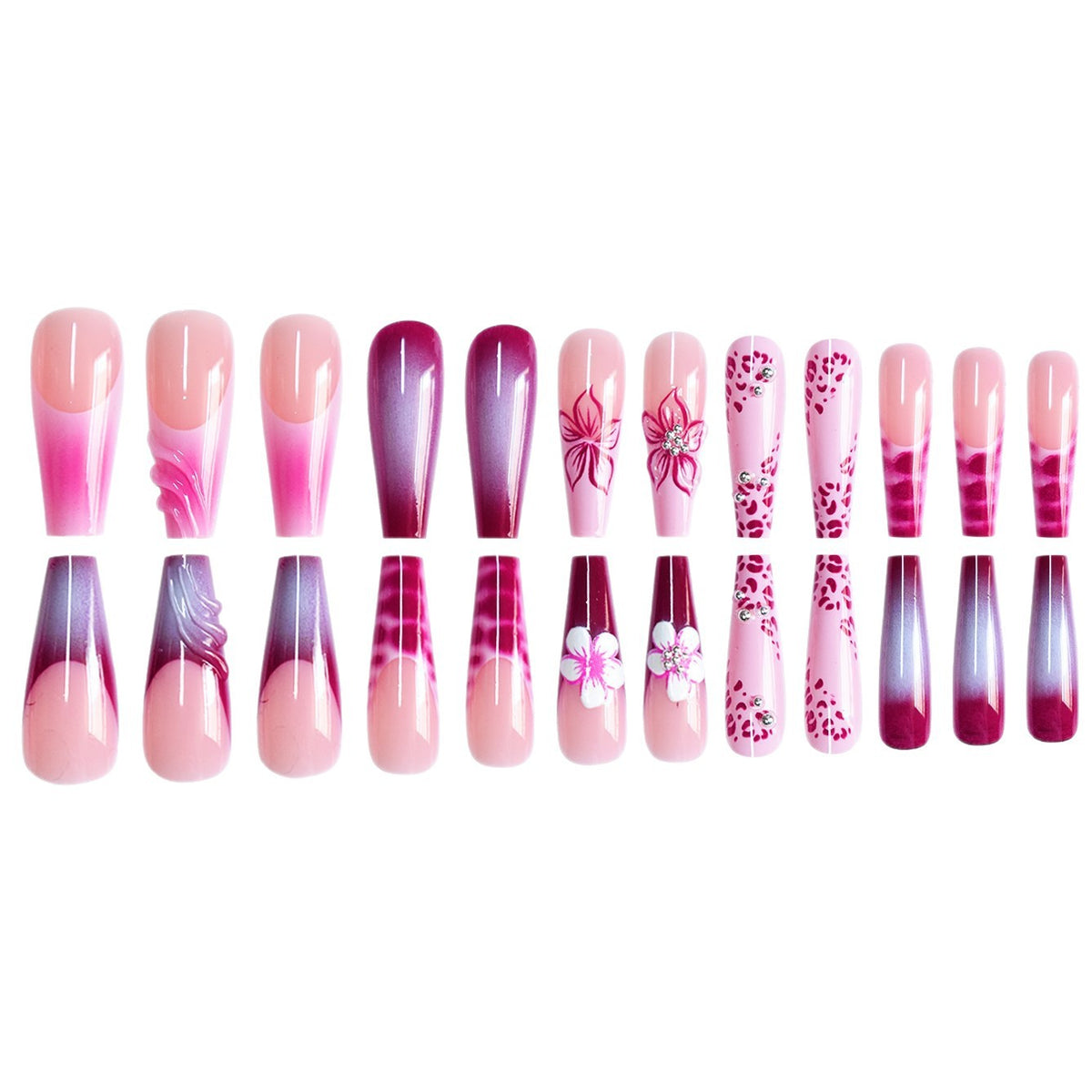Floral 3D Art Press-On Nails with Gem Accents Acalora
