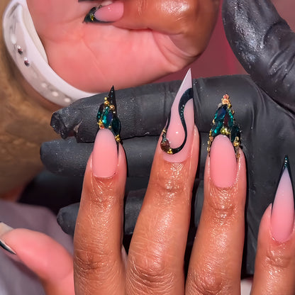 Artistic Stiletto Press-On Nail Art with Gemstone Accents Acalora