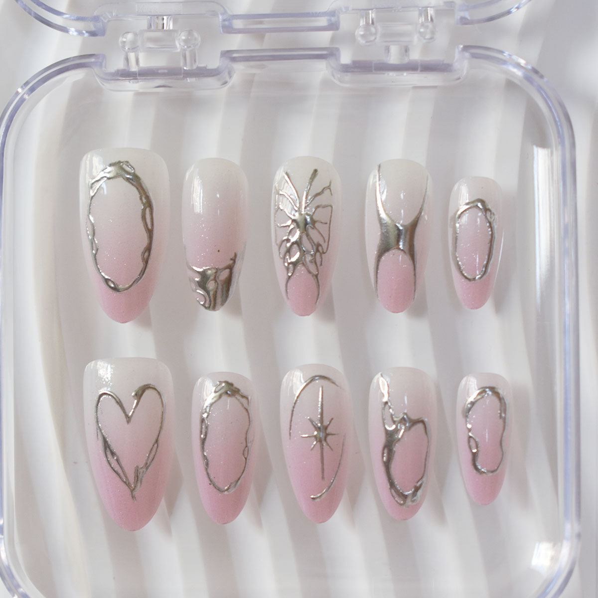 Elegant Artistic Stiletto Press-On Nails with Silver Accents Acalora