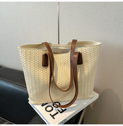 Woven Leather Shoulder Tote Bag Acalora