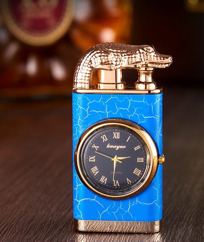 Brehn Lighter with quartz watch, metal punch, windproof lighter with blue flame and alligator head
