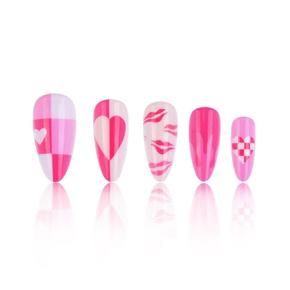 Artistic Press-On Nail Set with Heart and Flame Design Acalora