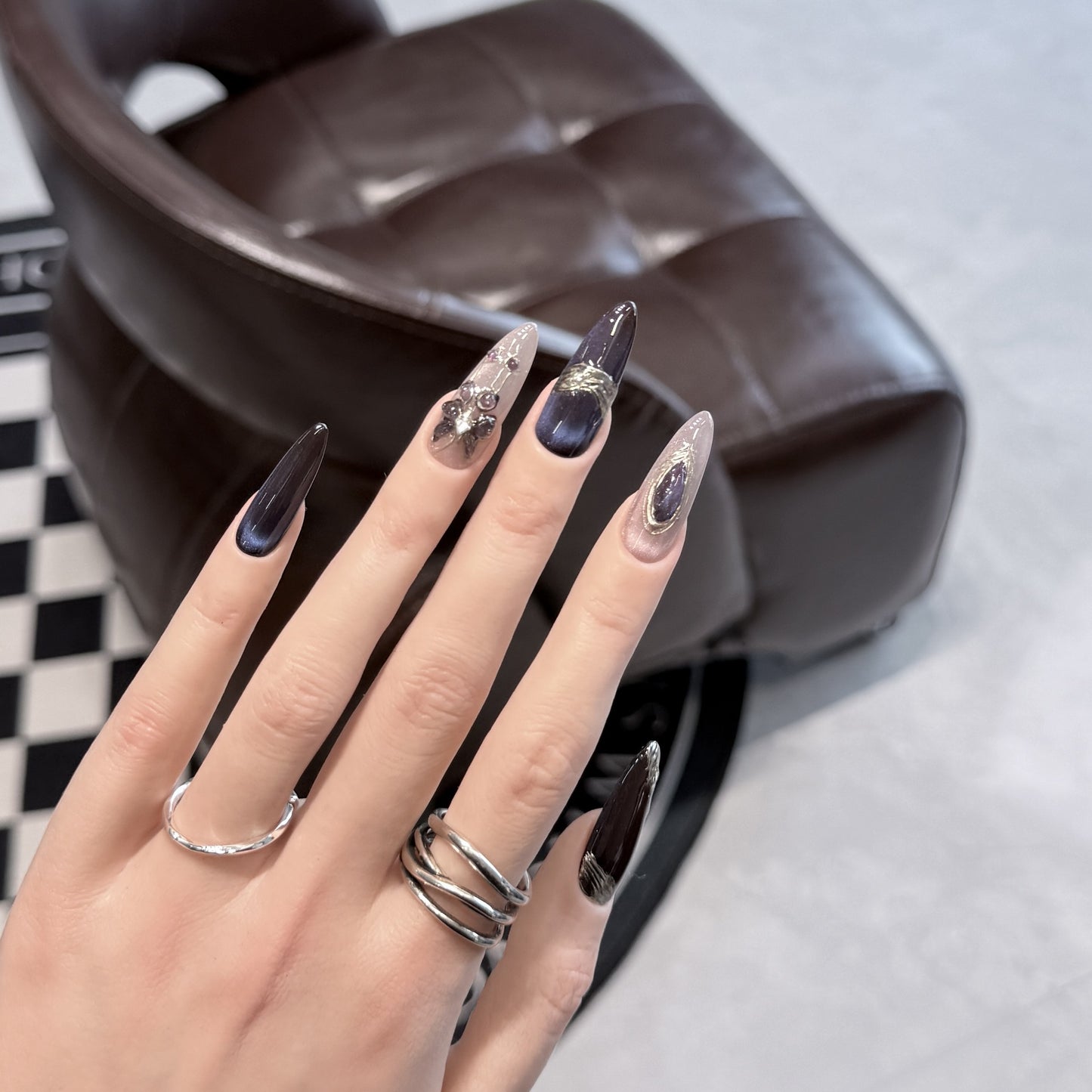 Elegant Stiletto Press-On Nail Art Set with Gemstone Accents Acalora