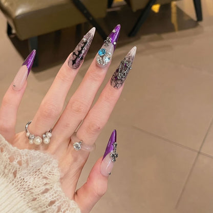 Artistic Stiletto Press-On Nail Set with Unique Floral and Gemstone Accents Acalora