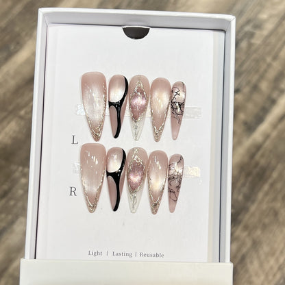 Artistic Stiletto Press-On Nail Set with Unique Marble Design Acalora