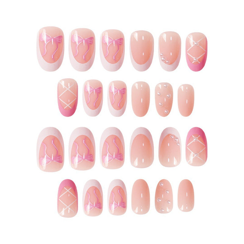 Elegant Decorative Press-On Nail Set with Bow and Pearl Accents Acalora