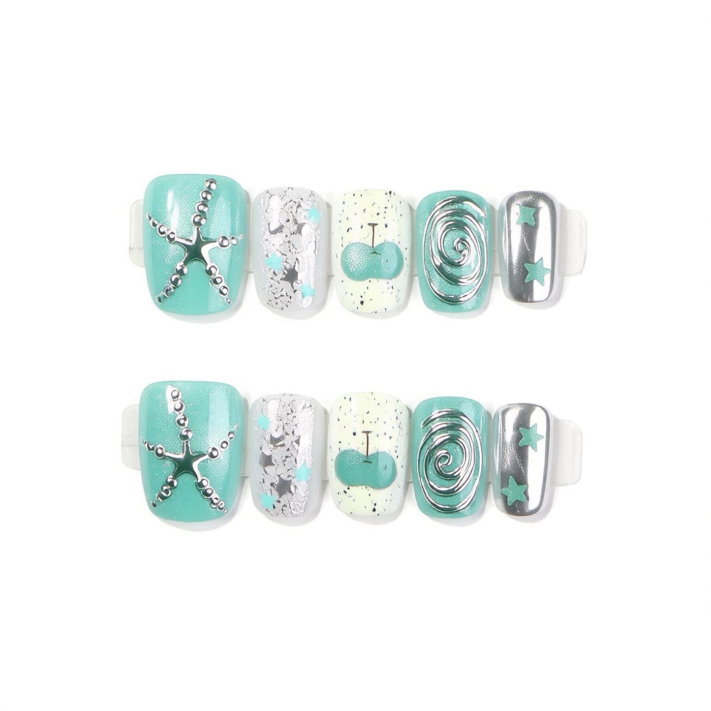 Decorative Press-On Nail Art Set with Starfish and Silver Accents Acalora