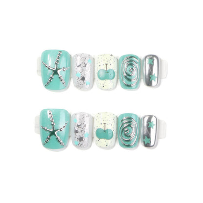Decorative Press-On Nail Art Set with Starfish and Silver Accents Acalora