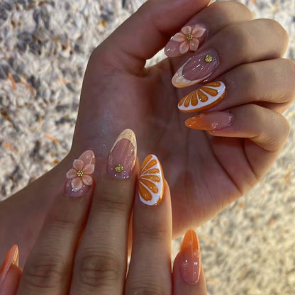 Decorative Press-On Nail Set with Floral and Citrus Accents Acalora