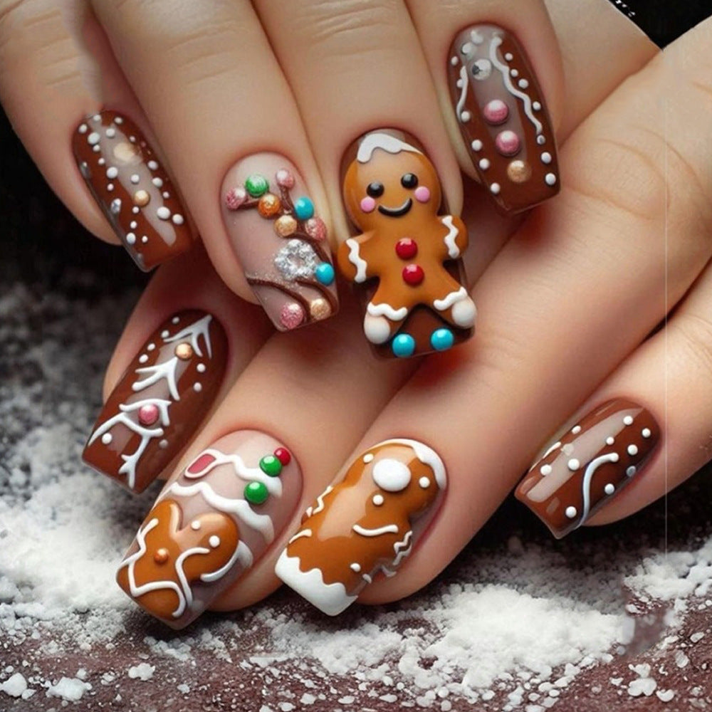 Festive Gingerbread-Themed Press-On Nail Art Acalora