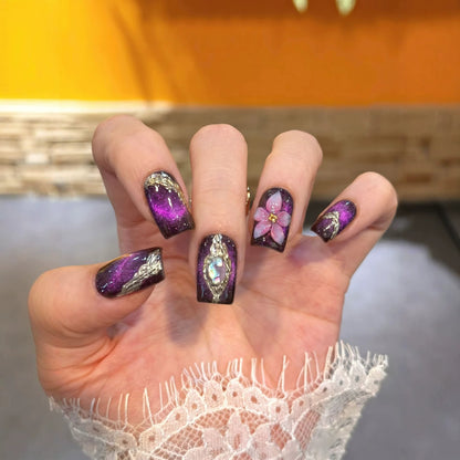 Elegant Floral Press-On Nail Set with Glitter Accents Acalora