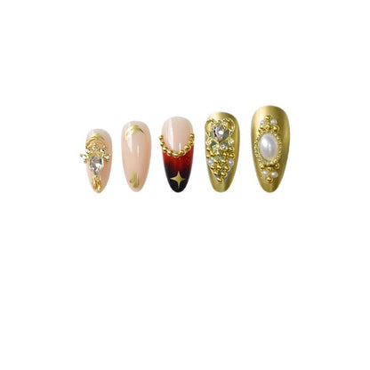 Artistic Decorative Press-On Nail Set with Gemstone and Pearl Accents Acalora