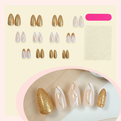 Elegant Press-On Nail Set with Glitter and Gold Swirl Accents Acalora