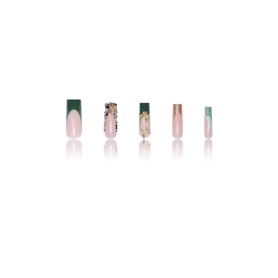Artistic Press-On Nail Art with Gemstone and Butterfly Accents Acalora