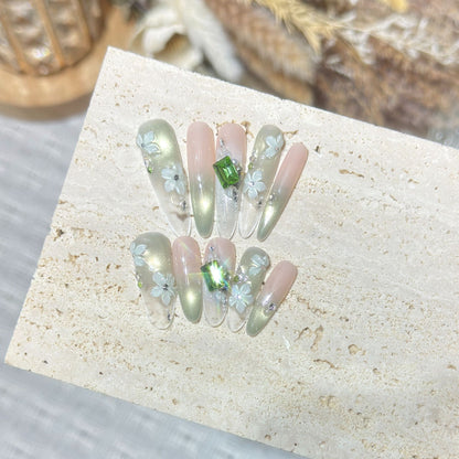 Floral Gemstone Stiletto Nail Set Acalora