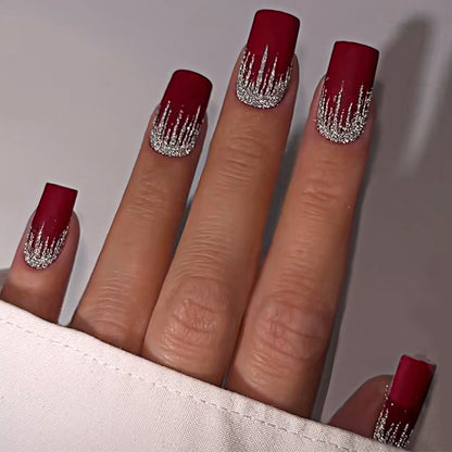Artistic Press-On Nail Set with Silver Drip Design Acalora